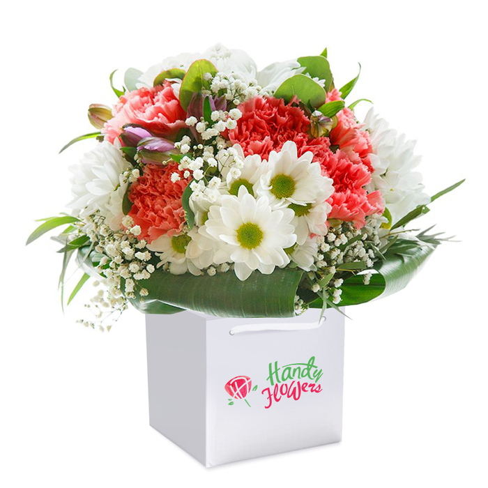 Displayed with crisp clarity against a white backdrop, this luxuriant bouquet designed by Nunhead's expert florists embodies both tradition and a fresh, modern touch. The central feature is a radiant collection of coral and deep red carnations, their frilly, ruffled petals layered to create a visually rich and inviting bouquet. Dotted throughout, pure white daisies with bright green-yellow eyes inject vibrancy and balance, reminiscent of the lively community gardens near St. Mary's Road. Airy sprigs of baby's breath weave in delicate texture, lending a sense of gentle movement and lightness. Subtle hints of unopened buds, brushed in gentle purple, peek from behind the daisies on the bouquet's left-a tender suggestion of buds just about to bloom. Encircling the arrangement is a lush collar of broad, deep green leaves, their glossy surfaces evoking Nunhead's abundance of trees and local plant life. The full, rounded shape of the bouquet conveys abundance and fresh vitality, while the square white gift bag with strong ribbon handles provides an elegant base for carrying or gifting anywhere in Nunhead, from Evelina Road to Queen's Road. The absence of ornament or text places focus on the blooms themselves, highlighting their colour and form under soft, even light. This sophisticated presentation embodies the warmth, quality, and creative spirit of Nunhead's favourite florists, making it perfect for memorable occasions or heartfelt surprises.