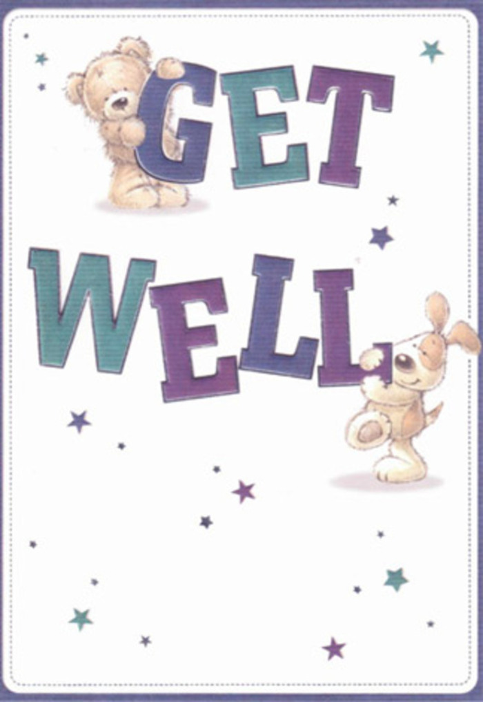 This gently uplifting get well card features a cosy, storybook-style illustration of a teddy bear and a puppy united around a single message: "GET WELL." The phrase is written in big, confident block letters that look as if they have been carefully painted with deep purples, aquas, and teals, the colours blending and shading like petals layered in a thoughtfully composed arrangement from a Nunhead florist. The bear's soft, rounded body rests comfortably at the top of the word "GET," its little paws gripping the edge as though it has climbed there to share a smile, while its fur is depicted in warm caramel and golden tones with subtle strokes that suggest fluff and warmth. Directly below, the puppy leans affectionately into the word "WELL," ears long and floppy, its expression open and kind, reminiscent of a loyal companion curling up by the bedside of someone in need of comfort. All around them, small, star-shaped accents in blues, purples, and turquoise are sprinkled across a clean cream background, giving the impression of wishes and blessings drifting gently across the design like evening lights over Nunhead Cemetery's treetops. The layout is airy, with generous white space that mirrors the sense of calm we aim for when sending soothing flowers to homes and clinics across SE15. There is no sense of rush or noise-only a soft, reassuring presence that makes the message feel personal and sincere. One can easily imagine this card arriving beside a vase of fresh, lightly scented blooms, the pairing offering a quiet, enduring reminder that someone nearby is thinking of them and wishing them a steady, gentle recovery.