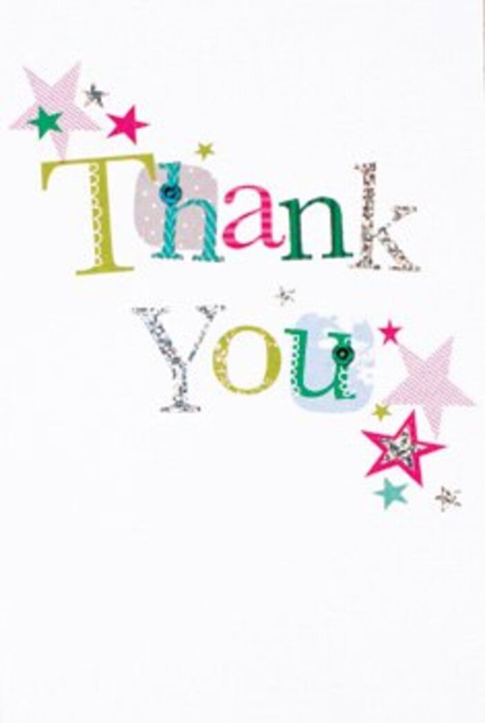 With a quietly exuberant charm, this thank you card reflects both artistry and sincere gratitude. The phrase 'Thank You' arcs gently across a luminous white field, every letter expressed with personality-some sprightly with polka dots, others composed of elegant curves and subtle stitches, in shades of fuchsia, turquoise, and lime. A hint of silver shimmer enhances select letters, adding sophistication reminiscent of the nuanced bouquets crafted by local Nunhead florists. Radiant starbursts gather near the inscription, each one unique in hue-crimson, sea-blue, and shimmering silver-conjuring the exuberant energy of a neighbourly gathering at Nunhead Community Centre. The card's open, modern composition creates a sense of airy lightness that's universally warm, never too formal nor overly casual. Perfectly paired with a bouquet from a nearby shop, it delivers thanks with the same uplifting, memorable touch our neighbourhood is known for-a token as thoughtful as a heartfelt note or a surprise doorstep delivery on a sunny Nunhead morning.