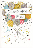 In this illustrated congratulations card, the feeling of celebration unfolds gently, like the moment we hand over a congratulatory bouquet in Nunhead and see a smile spread across someone's face. A lavish group of balloons forms the focal point, gathered in the centre of the card and drifting upward. The balloons are drawn in soft, rounded shapes and layered to create depth, their colours blending harmoniously in tones of gold, silver, champagne, pastel blue, warm blush pink, and soft grey. Some display dainty stars scattered across their surface, others have sleek stripes or delicate, glitter-like highlights that suggest a subtle sparkle. From the base of each balloon, slender ribbons trail downward, looping and curling with a natural, fluid grace until they gather loosely near the bottom, reminiscent of tied stems in a hand-crafted arrangement. Gently crossing this cluster is a sweeping banner, lightly bordered and featuring the phrase 'Congratulations To You' scripted in stylish, flowing letters that feel personal and sincere. The background surrounding the balloons is filled with tiny metallic stars, dots, and swirling confetti-shaped lines, giving the impression of a party atmosphere suspended in time-perhaps after sharing good news in a cosy Nunhead home or along Brockley's nearby streets. The card's mood is buoyant yet tasteful, suitable for recognising everything from exam results to new jobs or special achievements. To my florist's eye, it brings the same sense of curated joy and elegance that we aim for in our arrangements for the Nunhead community: a gentle but unmistakable celebration of someone's success.