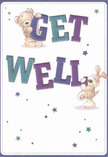 A whimsical illustrated get well card featuring a cuddly teddy bear and a floppy-eared puppy, both playfully helping to hold up the large, colourful words "GET WELL," is shown against a clean, creamy white background. The letters are bold and rounded, shaded in rich indigo, deep purple, and teal tones that echo the kind of soothing, jewel-coloured blooms we often use in comforting hospital bouquets around Nunhead. The bear perches sweetly at the top of the word "GET," its soft, textured fur drawn in warm honey browns, while the puppy leans lovingly into the word "WELL," its velvety ears flopping forward as if ready to nuzzle a recovering friend. Around them, tiny star shapes scatter in blues, lavenders, and soft aquas, like little bursts of hope drifting through the air above Peckham Rye Park on a clear evening. The illustration style is gentle and friendly, with rounded corners and expressive faces that radiate kindness, much like a thoughtfully arranged vase of seasonal flowers arriving at a Nunhead doorstep. There is a sense of fresh air and clarity in the uncluttered background, making the characters and message feel even more heartfelt and direct. Looking at this card, you can almost imagine pairing it with a fresh, fragrant arrangement delivered locally-an uplifting combination of colour, tenderness, and quiet reassurance intended to make someone resting at home or in hospital feel truly remembered and cared for.