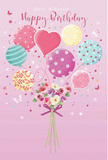 This illustrated birthday card captures a moment of playful elegance, as if it were designed after a stroll through Nunhead's local shops on a sunny afternoon. Against a soft pink background that feels calm and inviting, a cluster of pastel balloons takes centre stage. The balloons, gently overlapping, come in shades of blush pink, mint green, soft yellow, and lavender, each carefully decorated with whimsical patterns-curving ribbon stripes, cheerful polka dots, and delicate floral swirls. A heart-shaped balloon, slightly larger and deeper in rosy colour, sits near the centre, naturally drawing the eye and suggesting the warmth behind the birthday wishes. From the base of this floating cluster emerges a hand-tied bouquet of flowers, as though the blooms are the heart of the celebration. The bouquet features small roses and anemone-like blossoms in creamy ivory, pale blush, and light mauve, their petals layered and softly shaded to convey a gentle, velvety texture. A rich purple satin bow gathers the stems, the ribbon's smooth sheen catching the imagined light with just enough sparkle to feel festive without being showy. Tiny stars and a scattering of butterflies drift around the balloons and flowers, evoking a sense of fairy-tale magic, like confetti caught in a gentle breeze over Nunhead's gardens and terraces. The image is softly lit, enhancing the glossy roundness of the balloons and the natural glow of the petals, creating a scene that feels light, hopeful, and quietly joyful-perfectly suited to accompany fresh birthday blooms delivered locally by Florist Nunhead.