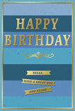 This birthday card radiates a gentle, composed joy, its face filled with wide stripes of blue that could easily echo the tranquil atmosphere of a Nunhead afternoon. The background is made up of horizontal bands, starting with a deep navy strip at the bottom and gradually moving upward through softer shades of denim and teal to a pale, cloud-touched sky blue at the top. These layered blues create a restful ombre effect, inviting the eye to wander slowly across the surface. Centered on this backdrop, the phrase "HAPPY BIRTHDAY" stretches proudly in large, embossed gold capitals. The gold foil shimmers softly, so that each letter seems to pick up and reflect tiny flashes of light, adding a subtle sense of celebration. Directly below the greeting, a delicate golden flourish curls outward, adding a decorative, vintage accent reminiscent of the character you might spot along Nunhead Lane. Beneath this flourish lie three finely shaped gold banners, arranged one under another. Their surfaces glow with the same metallic sheen and carry a warm, easygoing sentiment: "Relax, have a great day and enjoy!" A fine gold border traces the outer edges of the card, framing the stripes and lettering in a neat, continuous line. The card stock appears thick and smooth, its matte surface allowing the gilded areas to stand out in quiet contrast. You can imagine this card resting on a mantel in a Nunhead terrace, paired with a fresh birthday bouquet delivered locally, together creating a simple yet heartfelt scene of thoughtful, unhurried celebration.